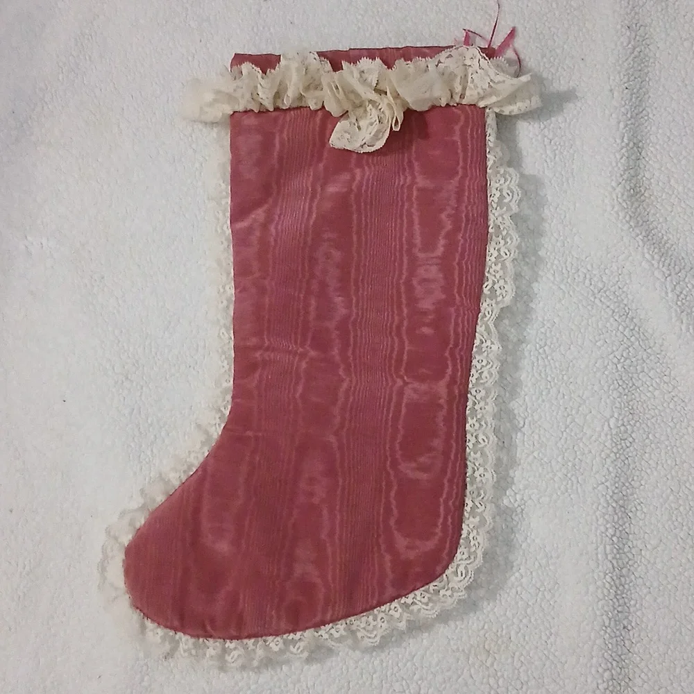 Vintage Hand Painted Christmas Stocking with Lace Trim & Bells - Picture 5 of 5
